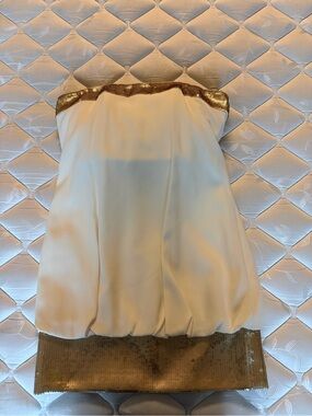 Badgley Mischka Ivory & Gold Sequin Strapless Blouson Dress. Size 6.